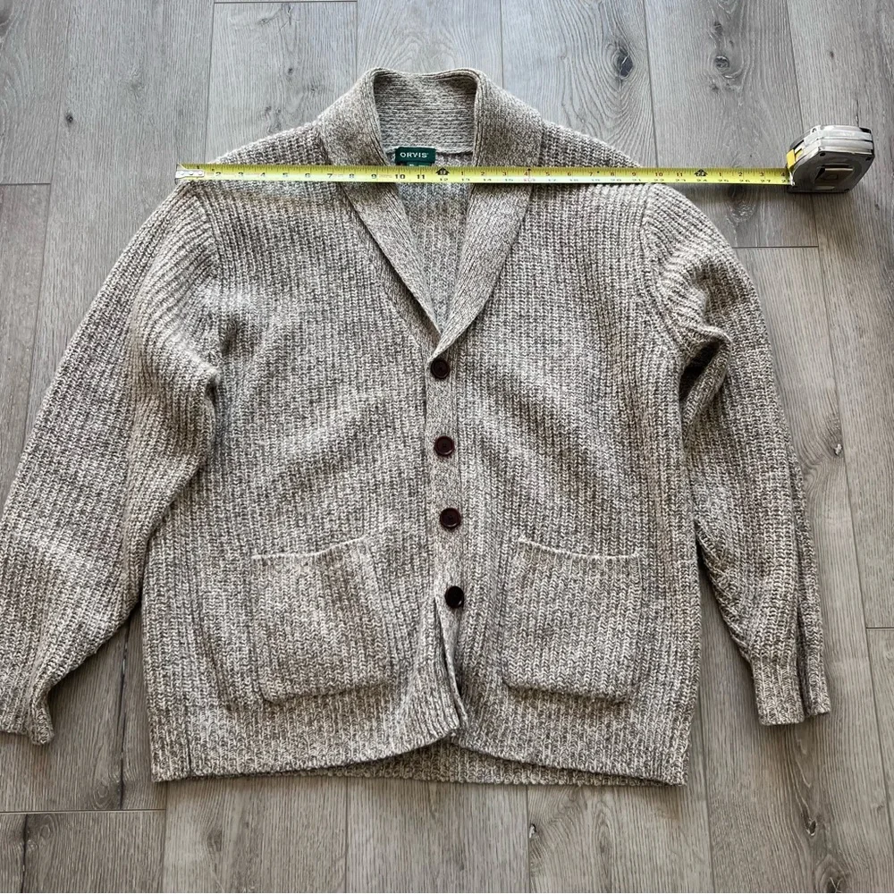 Orvis Men's Cardigan in Oatmeal with Brown Elbow Patches - Picture 4 of 4